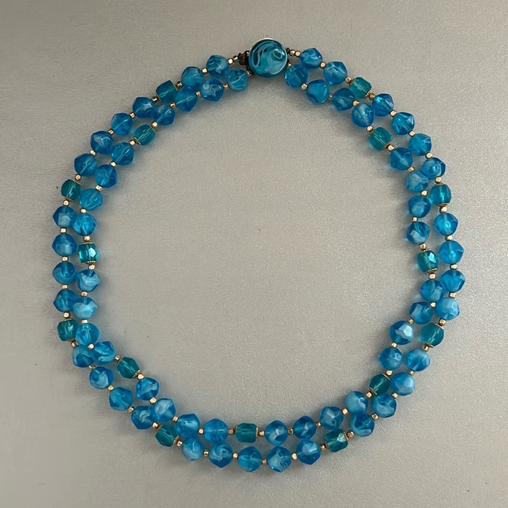 Vintage Blue Marble Effect Double Strand Beaded Necklace Gold Hardware